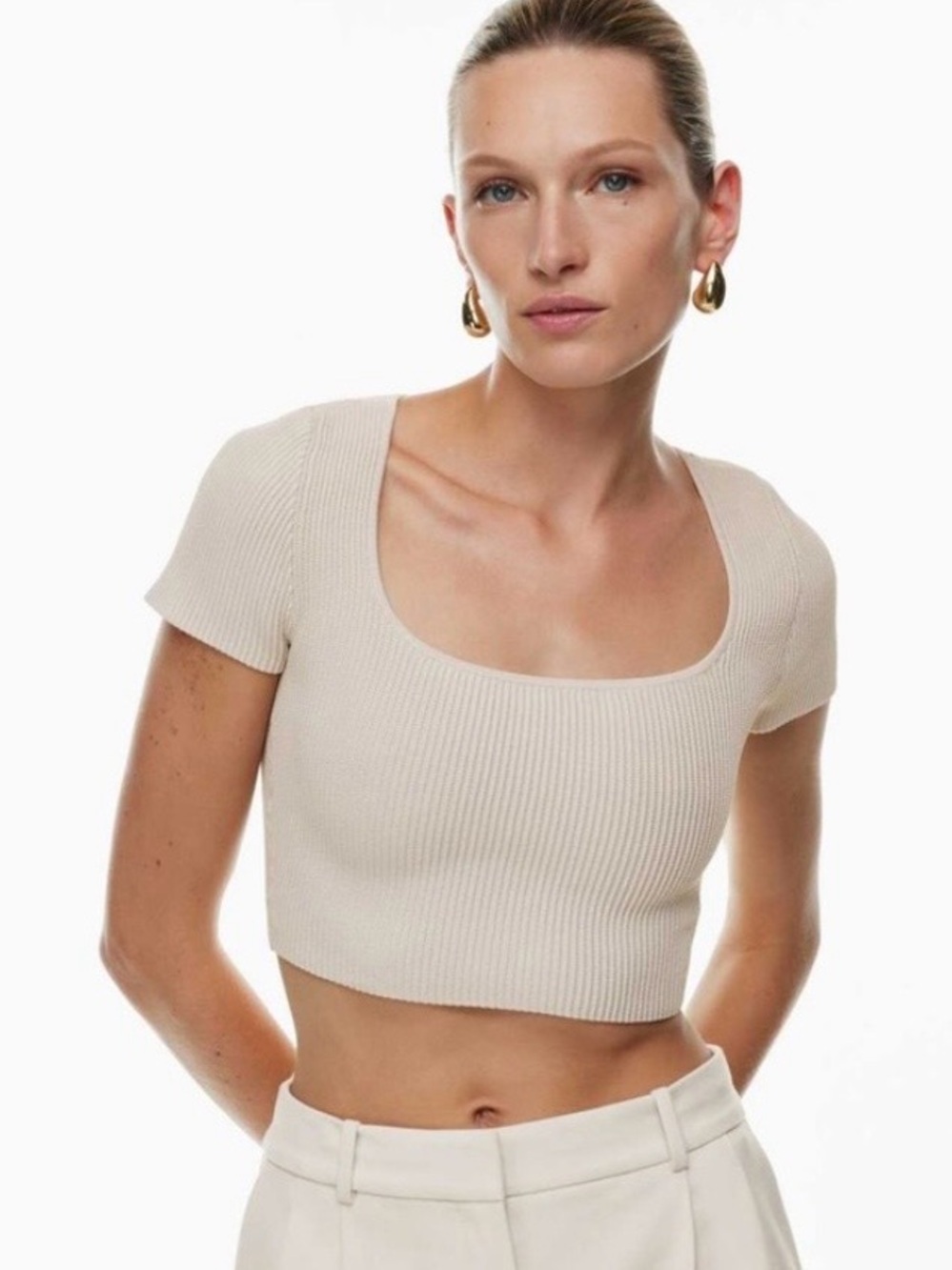 Babaton Aritzia Ribbed knit Crop Top XS beige taupe stretch scoop neck